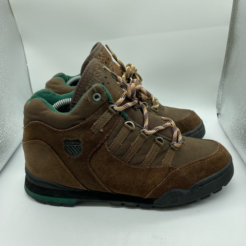 men’s vintage k-swiss hiking boots. beef and broccoli. brown green. size 7.5